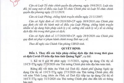 QUẢNG NGÃI: Thay đổi các biện pháp chống dịch đặc thù trong thời gian có dịch COVID-19 trên địa bàn