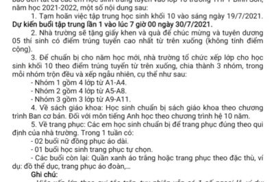 Thông báo về việc chuẩn bị cho năm học mới 2021-2022 của học sinh khối 10 Trường THPT Bình Sơn