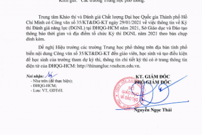 Thông báo về việc tham dự kỳ thi đánh giá năng lực tại Đại học Quốc gia TP Hồ Chí Minh năm 2021